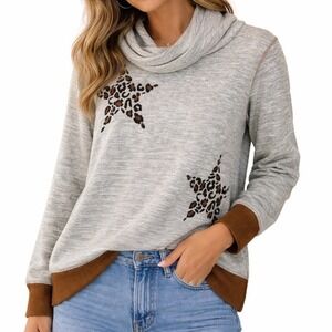 Hem & Thread Women's Gray Leopard Star Print Cowl Neck Pullover Sweatshirt Large